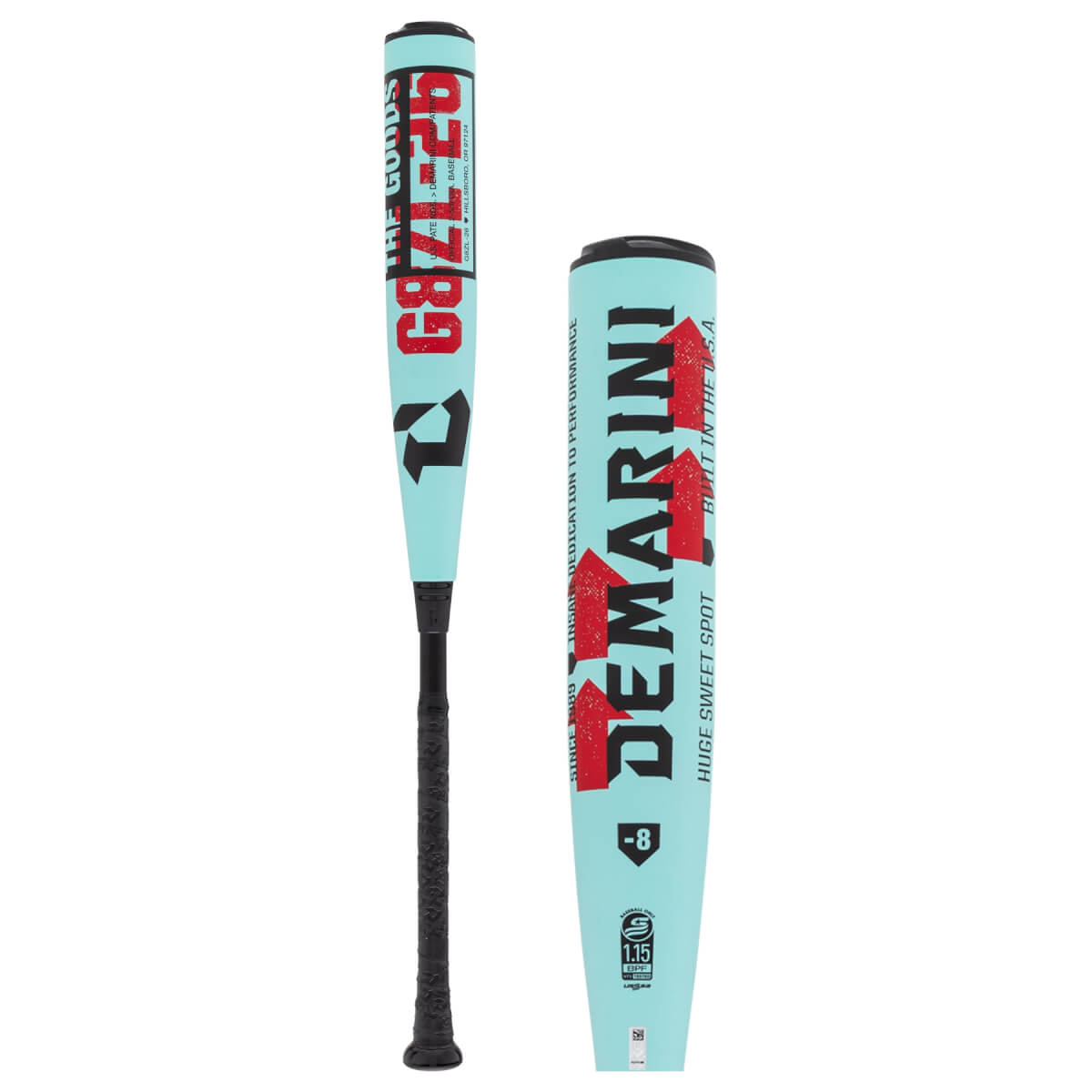 Composite view of a light blue baseball bat with black grip, red THE GOODS text, and a DeMarini barrel detail.