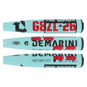 Full graphic display of a light blue baseball bat with red DEMARINI text, arrows, and THE GOODS branding.