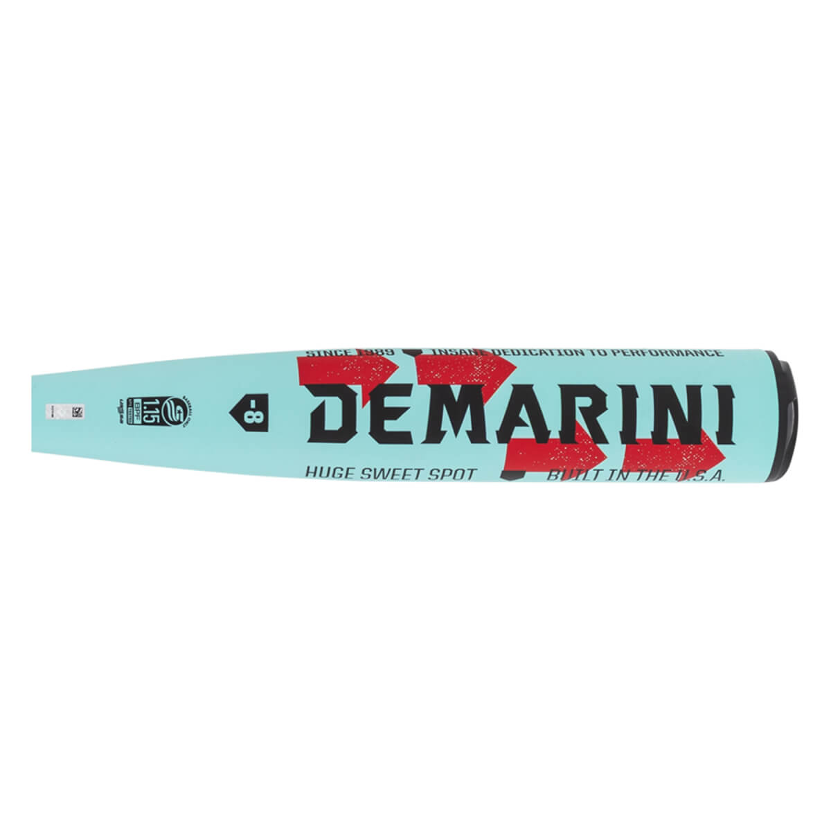 Side view of a teal baseball bat with DEMARINI in black and red, HUGE SWEET SPOT text, and USSSA stamp.