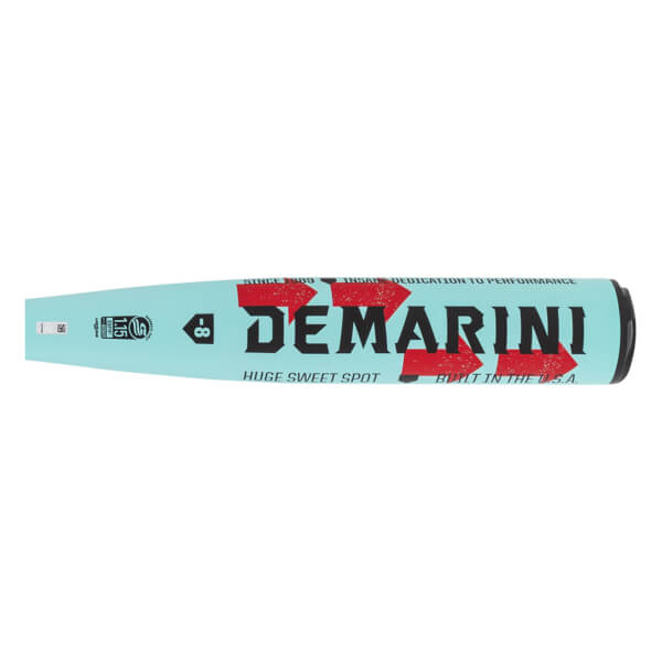 Side view of a teal baseball bat with DEMARINI in black and red, HUGE SWEET SPOT text, and USSSA stamp.