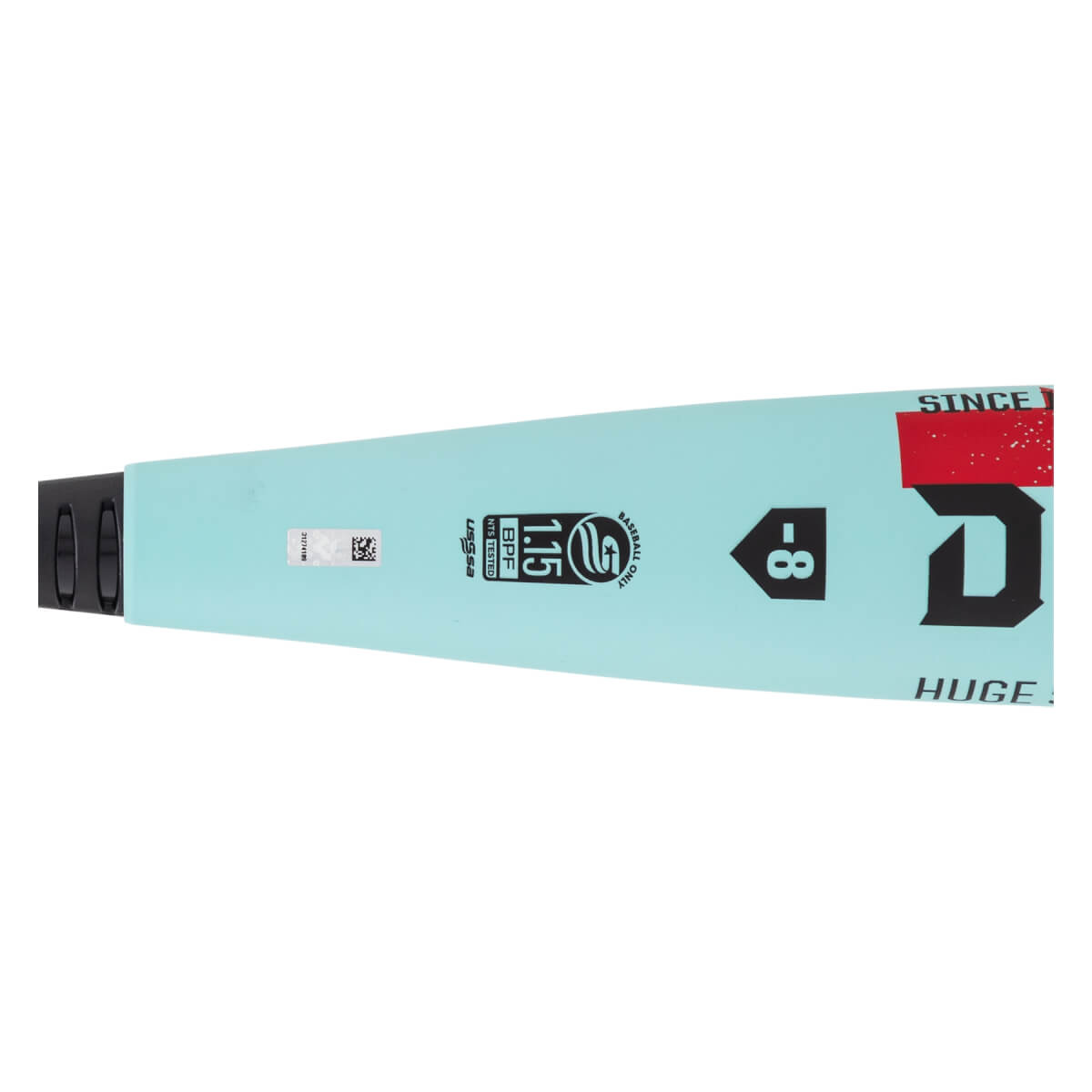 Side view of a light blue baseball bat with a 1.15 BPF stamp, -8 weight drop, and large D logo.