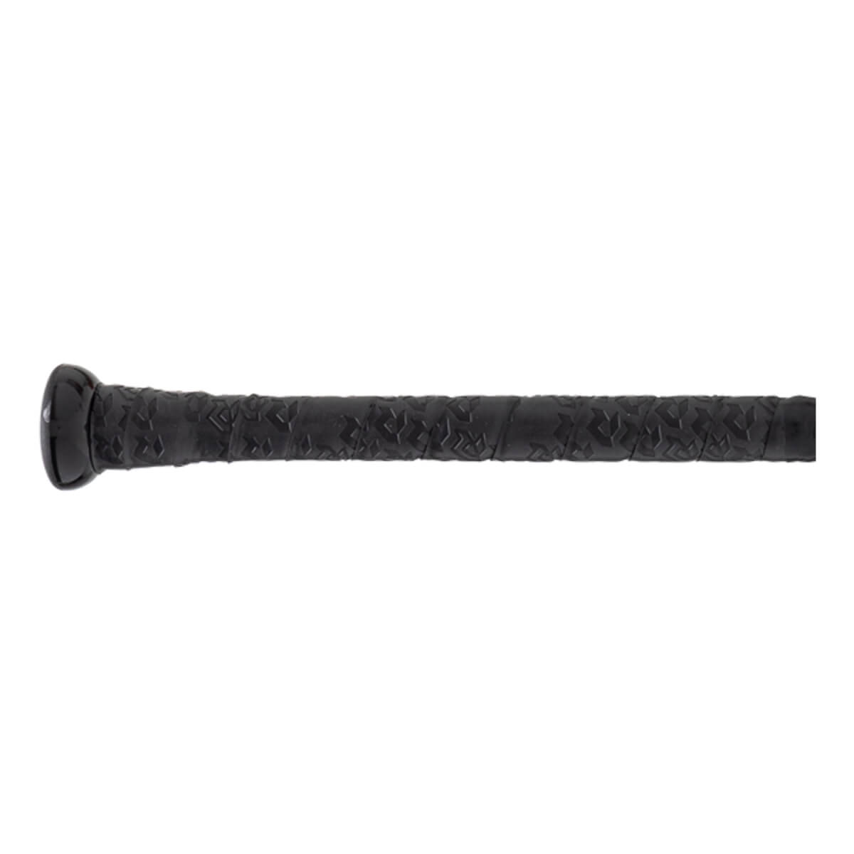 Close-up of a black baseball bat handle with a textured grip featuring star-like patterns and a rounded black knob.