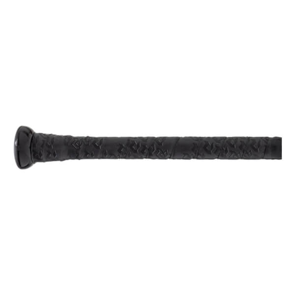 Close-up of a black baseball bat handle with a textured grip featuring star-like patterns and a rounded black knob.