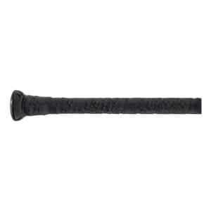 Close-up of a black baseball bat handle with a textured grip featuring star-like patterns and a rounded black knob.