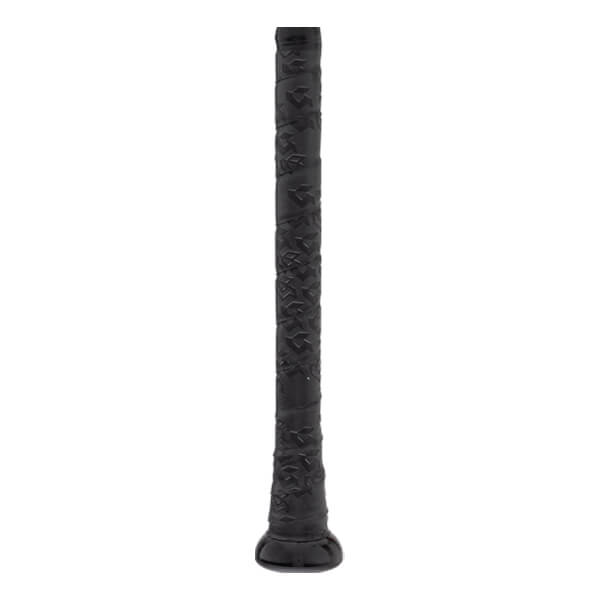 Close-up of black baseball bat handle with textured grip tape featuring a repeating pattern and a rounded knob.