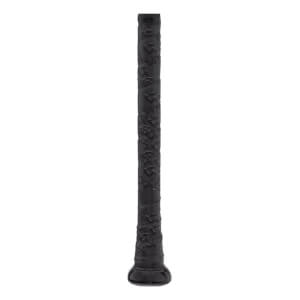Close-up of black baseball bat handle with textured grip tape featuring a repeating pattern and a rounded knob.
