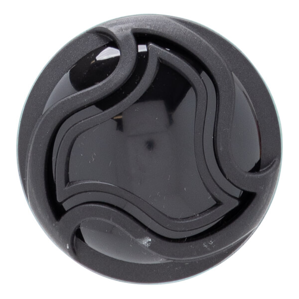 Top-down view of a black baseball bat end cap with a layered, wavy circular design.