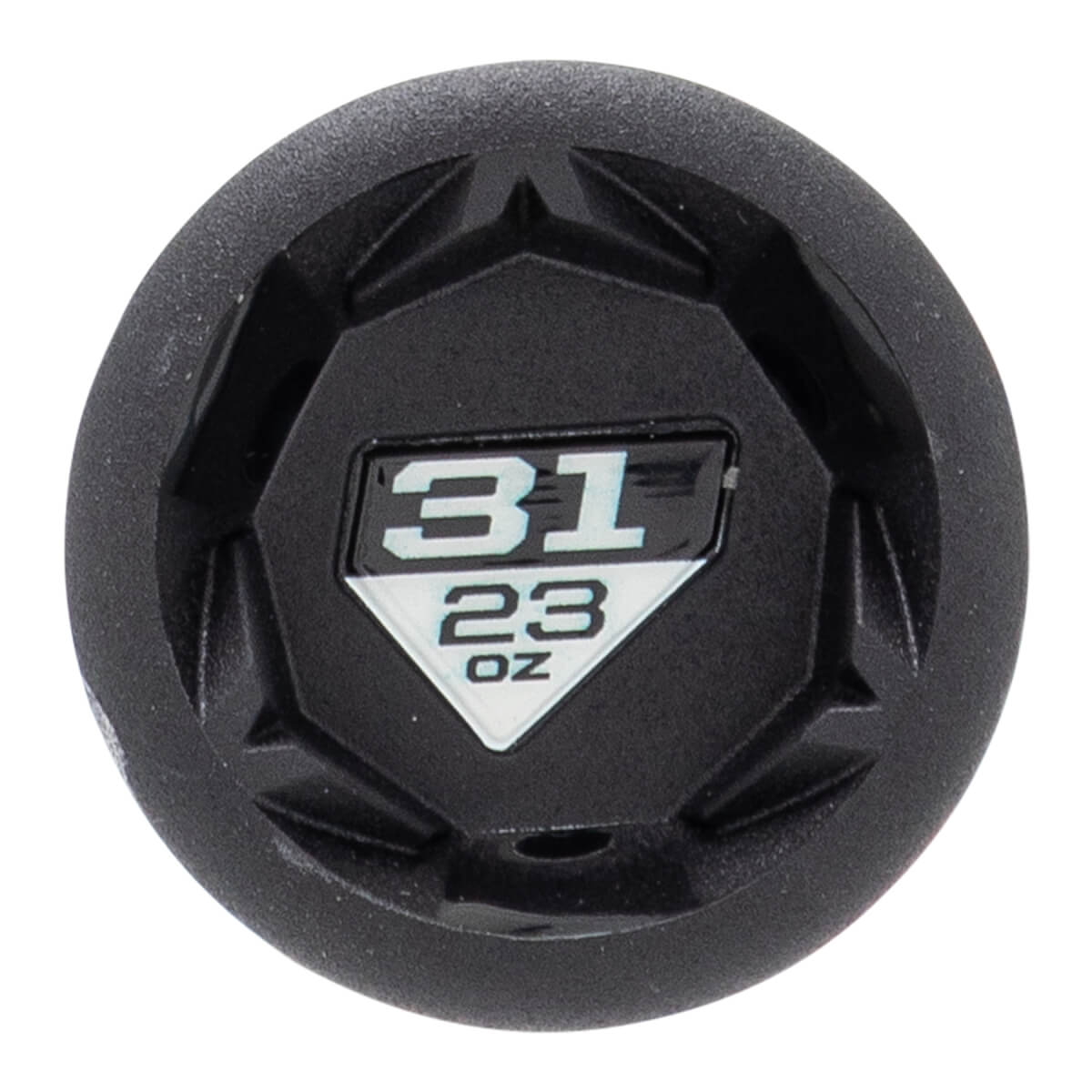 Top-down view of a black baseball bat end cap with a geometric design and a central label showing 31 23 OZ.