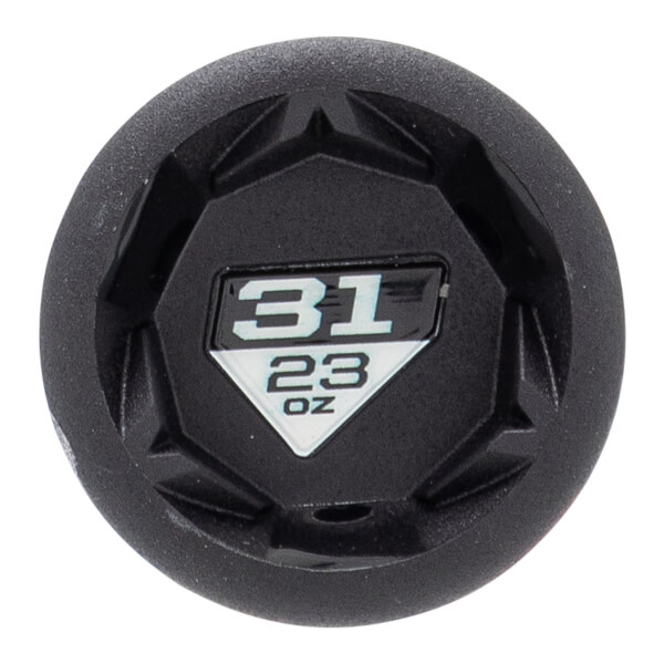 Top-down view of a black baseball bat end cap with a geometric design and a central label showing 31 23 OZ.