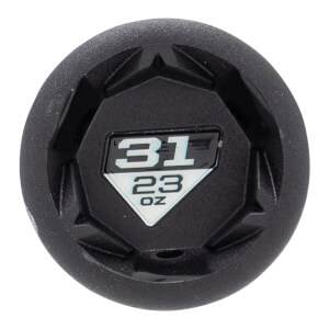 Top-down view of a black baseball bat end cap with a geometric design and a central label showing 31 23 OZ.