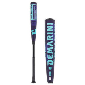 Side view of a royal purple baseball bat with THE GOODS text, and a close-up of the barrel with teal DEMARINI branding.