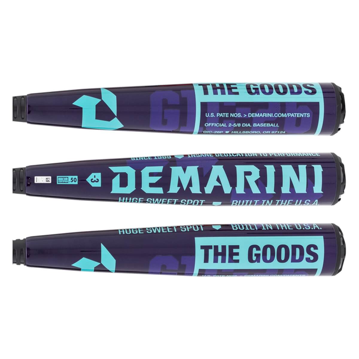 Side view of a royal purple baseball bat with light blue THE GOODS and DEMARINI text, and a BBCOR 50 stamp.