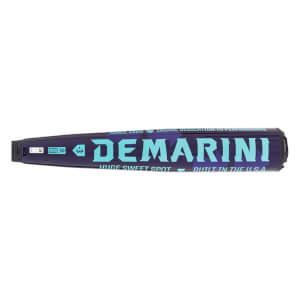 Side view of a royal purple BBCOR baseball bat with light blue DEMARINI text and a dark purple geometric pattern.