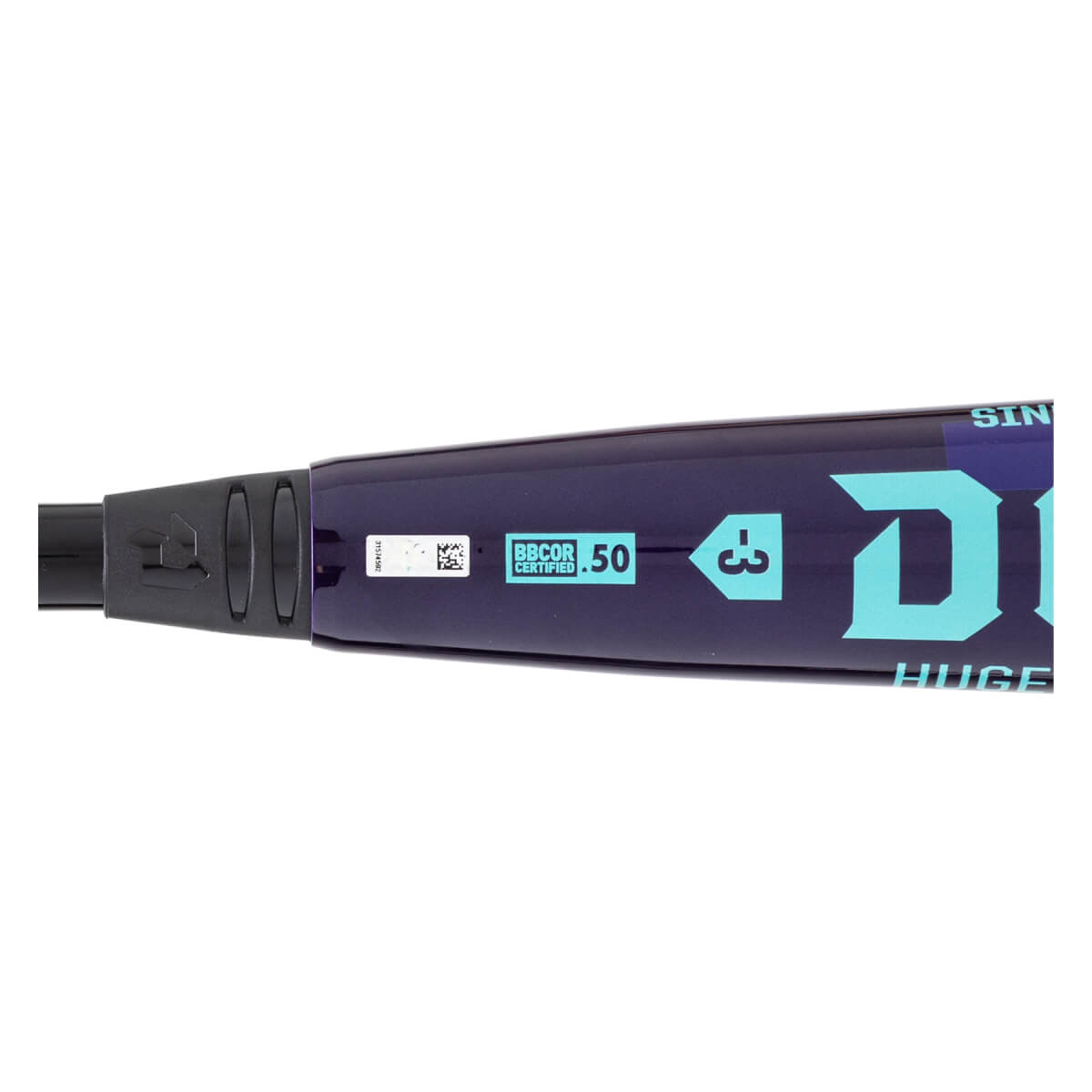 Close-up side view of a royal purple baseball bat with a light blue BBCOR .50 stamp, -3 drop weight, and a large D logo.