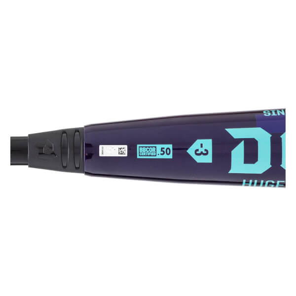 Close-up side view of a royal purple baseball bat with a light blue BBCOR .50 stamp, -3 drop weight, and a large D logo.
