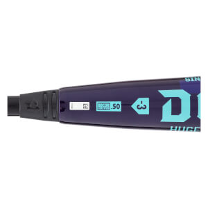 Close-up side view of a royal purple baseball bat with a light blue BBCOR .50 stamp, -3 drop weight, and a large D logo.