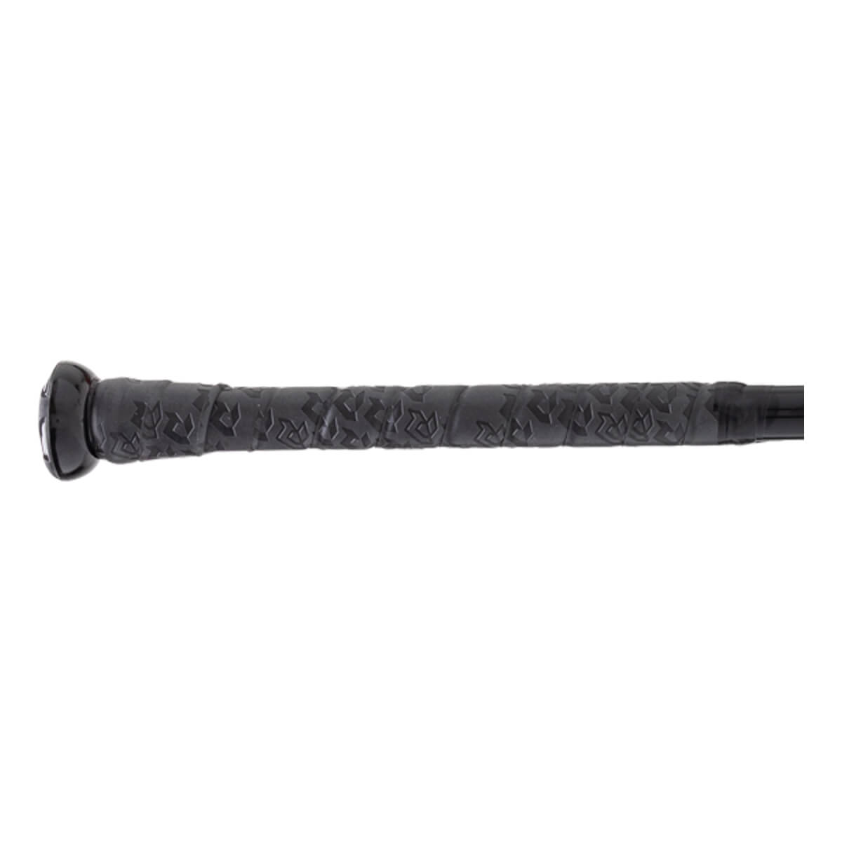 Side view of a black baseball bat handle with a textured grip featuring a repeating geometric pattern and a black end cap.