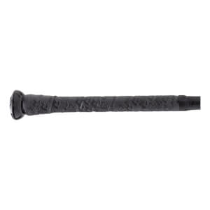 Side view of a black baseball bat handle with a textured grip featuring a repeating geometric pattern and a black end cap.