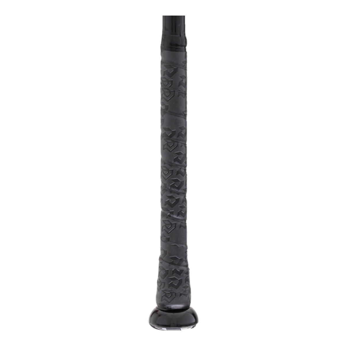 Close-up of a black baseball bat handle with a textured patterned grip and a glossy black knob.