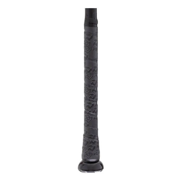 Close-up of a black baseball bat handle with a textured patterned grip and a glossy black knob.