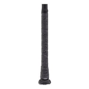 Close-up of a black baseball bat handle with a textured patterned grip and a glossy black knob.