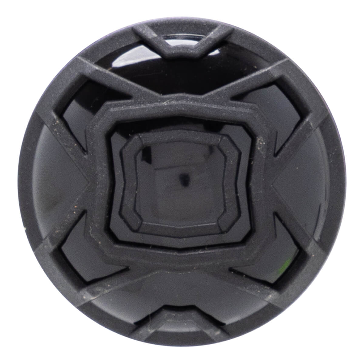 Top-down view of a black baseball bat end cap with a textured geometric pattern and a central raised square.