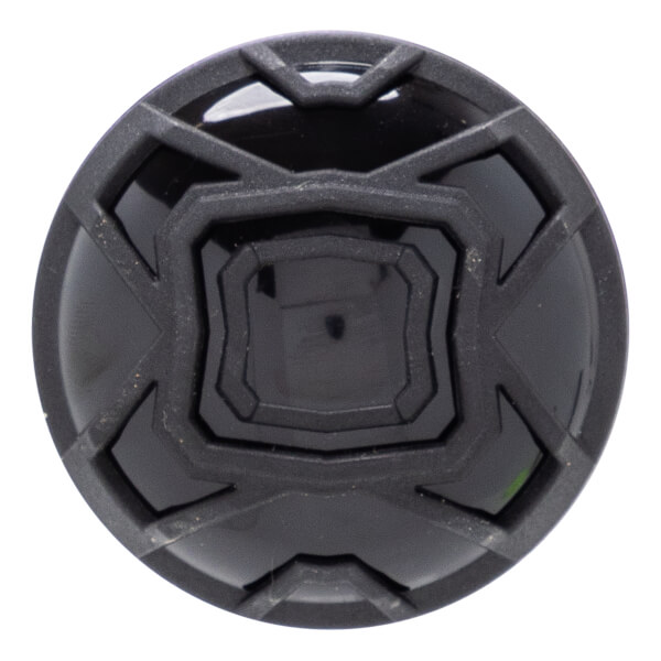 Top-down view of a black baseball bat end cap with a textured geometric pattern and a central raised square.