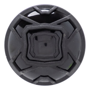 Top-down view of a black baseball bat end cap with a textured geometric pattern and a central raised square.