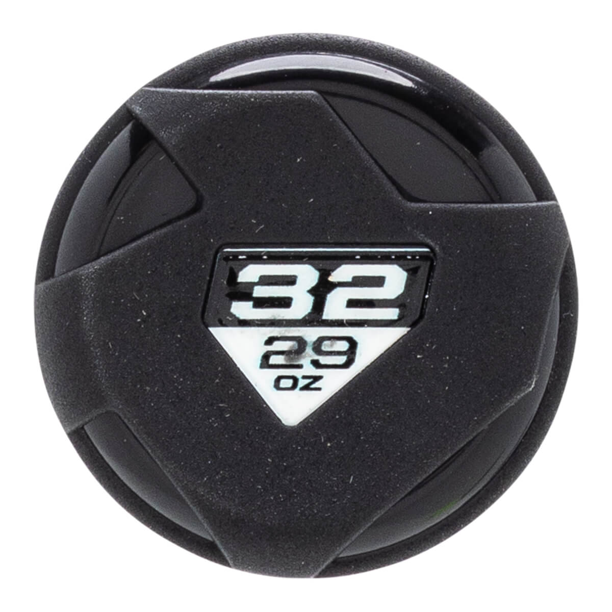 Top-down view of a black bat end cap with a textured surface and white 32 29 OZ text.