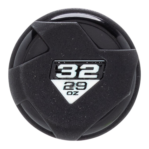 Top-down view of a black bat end cap with a textured surface and white 32 29 OZ text.