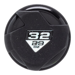 Top-down view of a black bat end cap with a textured surface and white 32 29 OZ text.