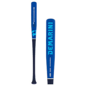 Side-by-side full-length views of a blue baseball bat with THE WOODS and DEMARINI branding, featuring a two-tone design.