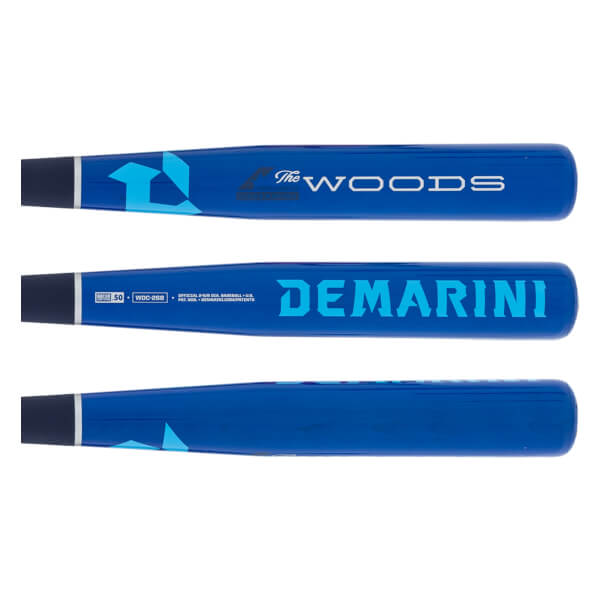 Multiple views of a blue baseball bat with The Woods and DEMARINI branding, and light blue geometric designs.