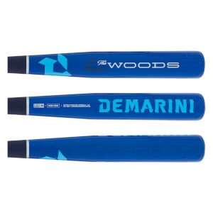 Multiple views of a blue baseball bat with The Woods and DEMARINI branding, and light blue geometric designs.