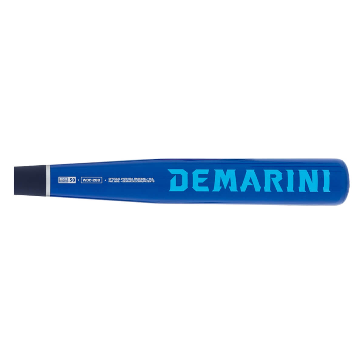 Side view of a blue baseball bat with a light blue DeMarini logo and black handle end.
