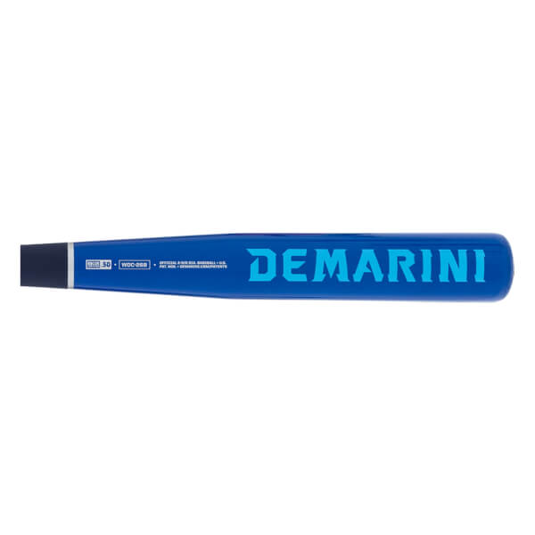 Side view of a blue baseball bat with a light blue DeMarini logo and black handle end.