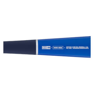 Close-up of a blue and dark blue baseball bat barrel with BBCOR certification, 50, and model WDC-26B printed.
