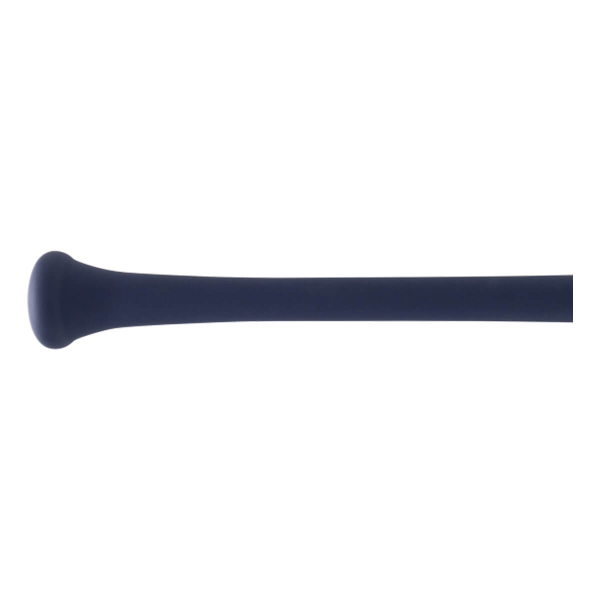 Close-up of a blue baseball bat with a rounded knob and a smooth, tapered handle.