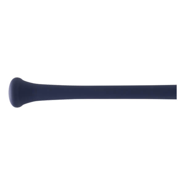 Close-up of a blue baseball bat with a rounded knob and a smooth, tapered handle.