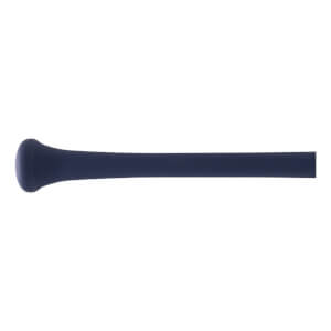 Close-up of a blue baseball bat with a rounded knob and a smooth, tapered handle.