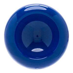 Top-down view of a blue baseball bat end cap with a glossy, reflective finish and a deeply recessed center.