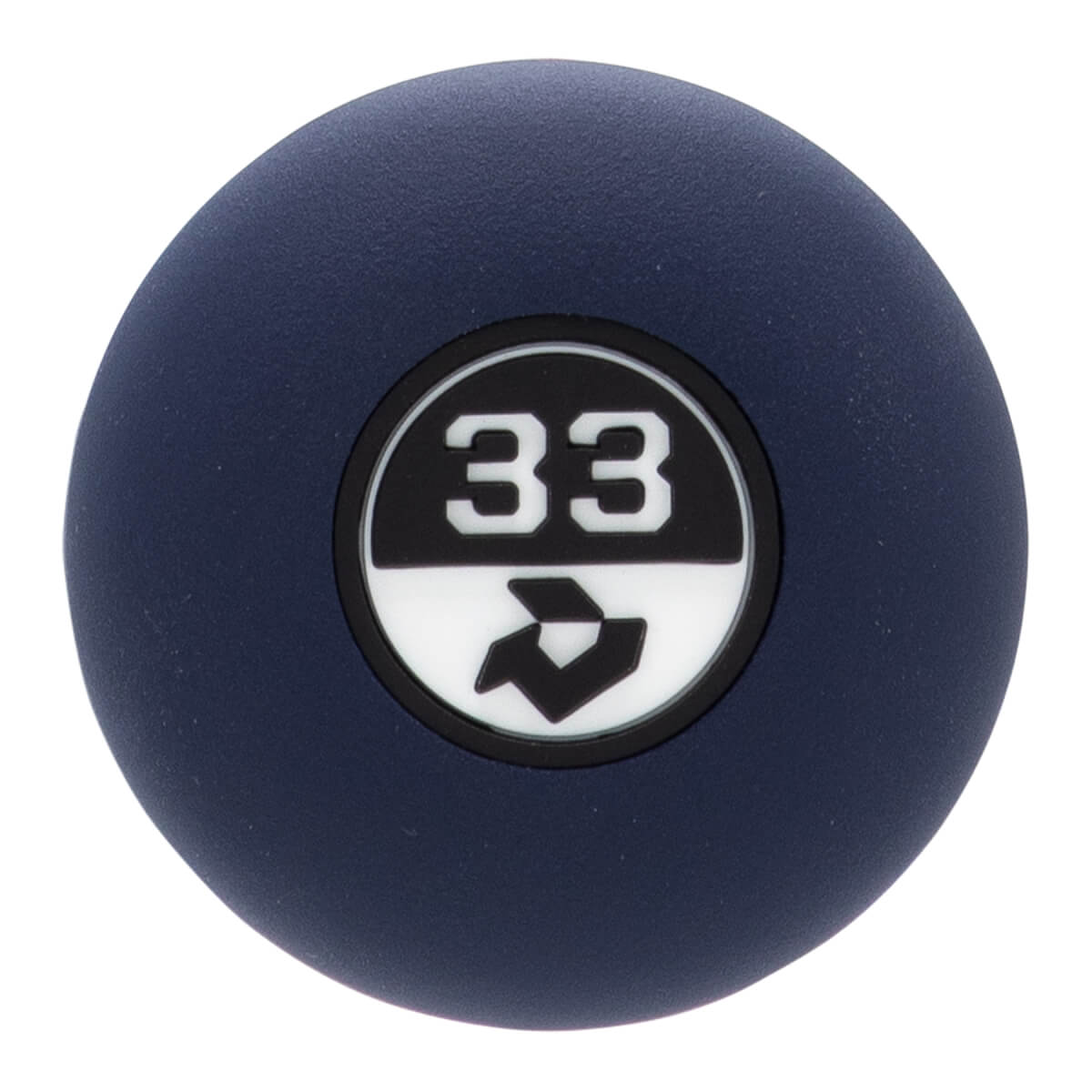 Close-up, top-down view of a navy blue bat end cap with a black and white circular emblem showing 33 and a logo.