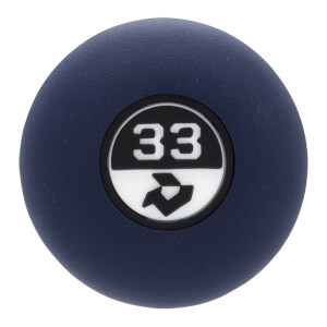 Close-up, top-down view of a navy blue bat end cap with a black and white circular emblem showing 33 and a logo.