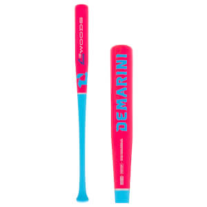 Side view of a pink baseball bat with a light blue handle and WOODS and DEMARINI text on the barrel.