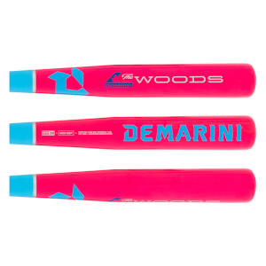 Three side views of a vibrant pink baseball bat with light blue accents, The Woods and DEMARINI branding, and a geometric pattern.