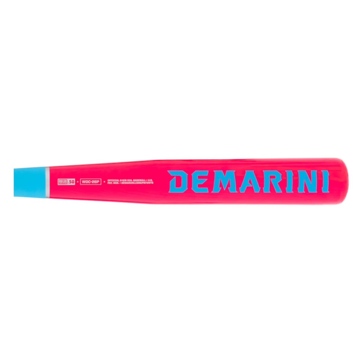 Side view of a pink baseball bat with blue DEMARINI text, a blue end cap, and WDC-GRIP text.