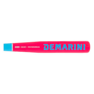 Side view of a pink baseball bat with blue DEMARINI text, a blue end cap, and WDC-GRIP text.