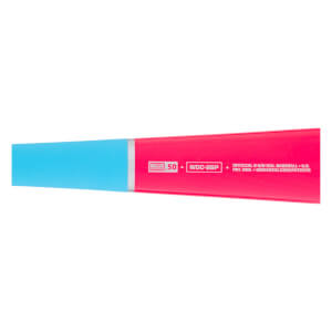 Close-up of a pink and blue baseball bat barrel showing BBCOR certification and DeMarini patent details.
