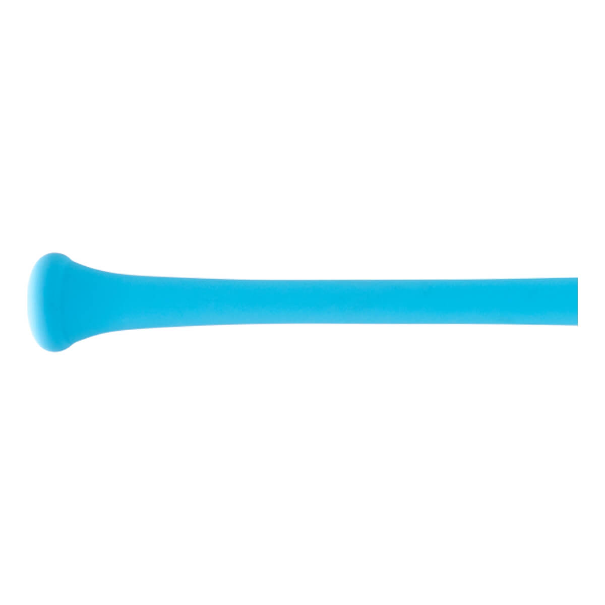 Side view of a bright blue baseball bat with a rounded knob and a long, straight handle.