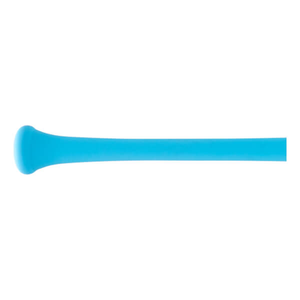 Side view of a bright blue baseball bat with a rounded knob and a long, straight handle.